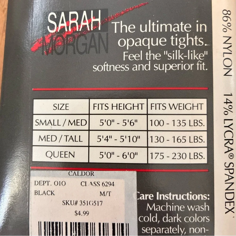 NWT Sarah Morgan Opaque Tights, Black, Med/Tall New Vintage (late 90’s)